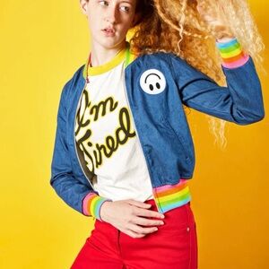 Big Bud Press Blue Rainbow Cuff Collar I’m Tired Cotton Varsity Bomber Jacket M